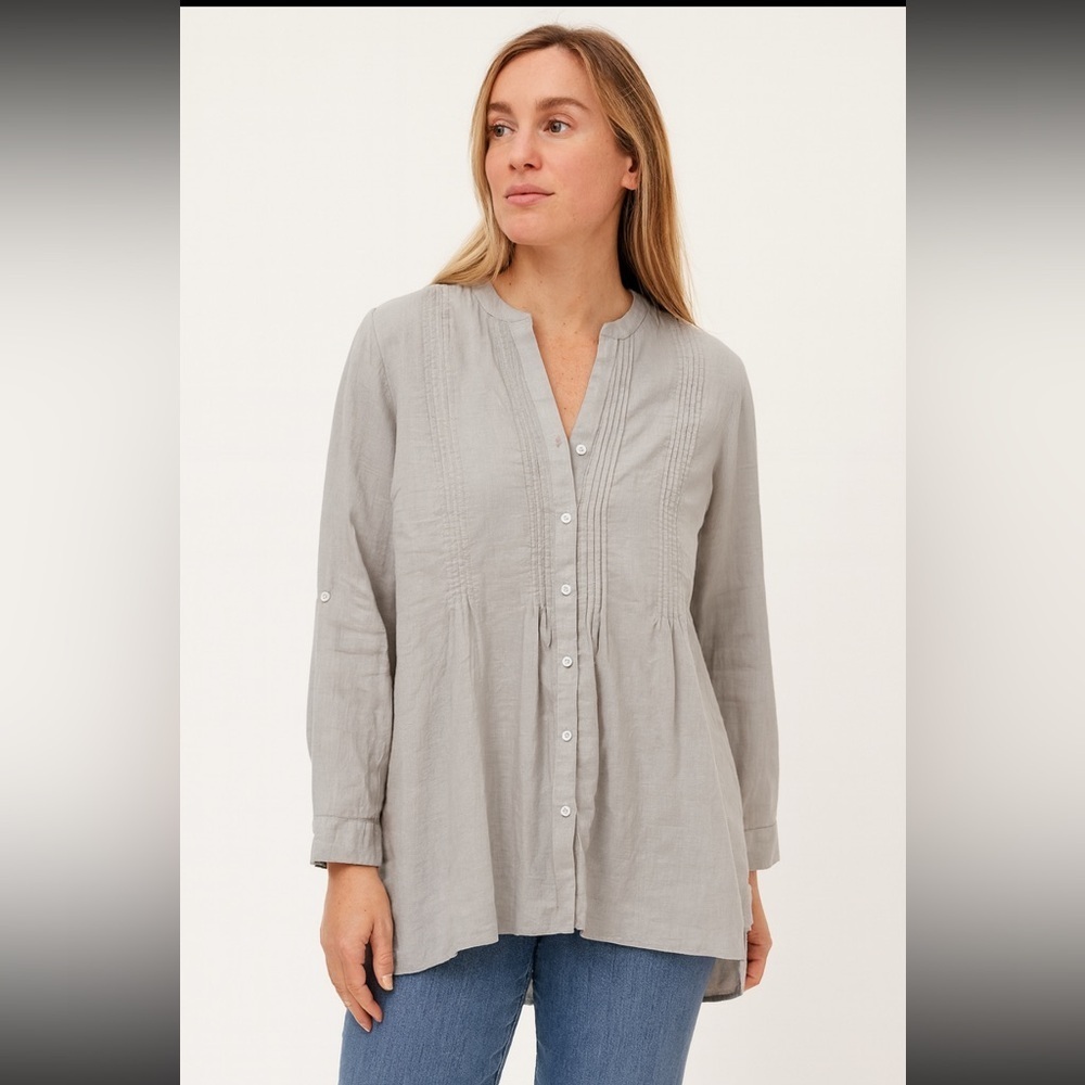 J. Jill Love Linen Light Gray Roll Tab Lagenlook Long‎ Sleeve Shirt XL Tall